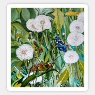 Grasshoppers and Dandelions (Oil Painting) Sticker